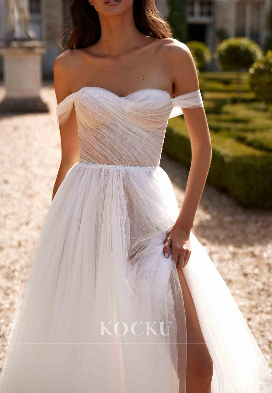 Romantic Off - Shoulder Tulle Ball Gown Wedding Dress with Corset Back