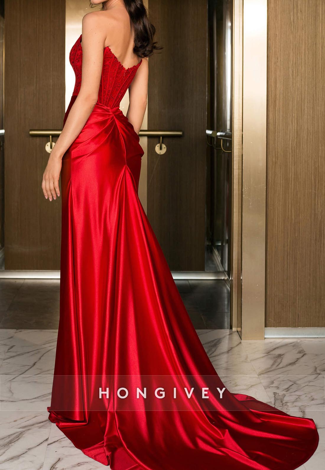 Lace Applique Ruched High Slit Couture Long Prom Dresses with Train