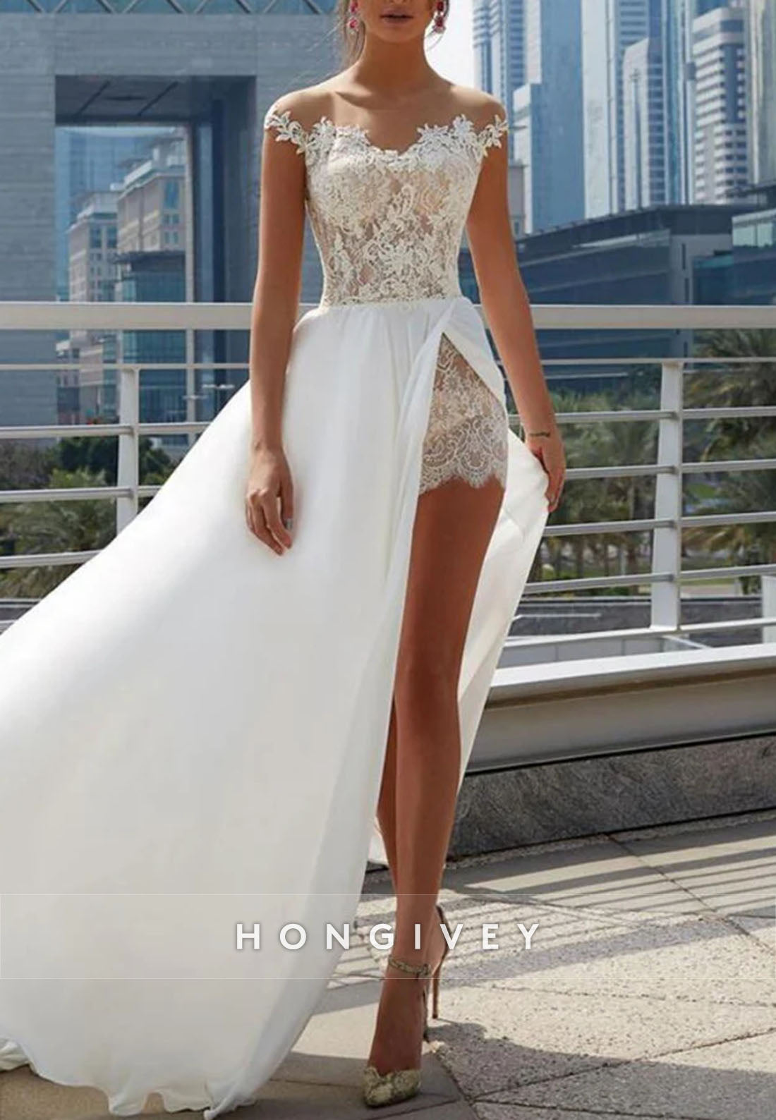 Off Shoulder See Through Wedding Dresses Side Slit A-line Bridal Dresses