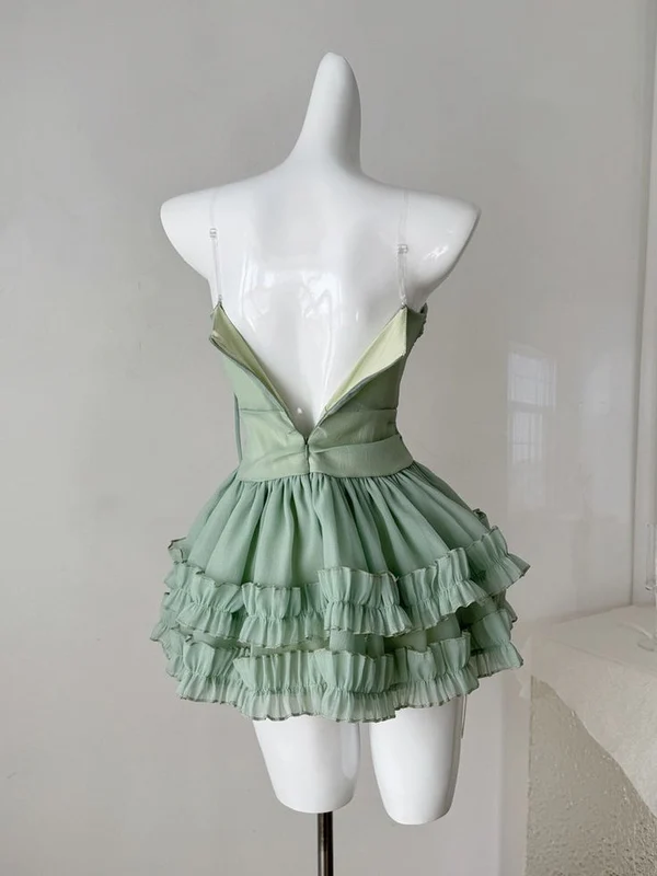 Cute Green Spaghetti Straps A-Line Tulle Homecoming Dress Short Birthday Outfits S441