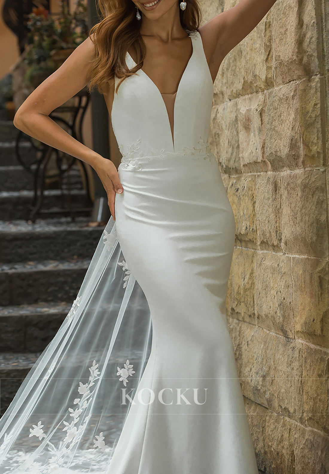 Plunge Neckline Mermaid Wedding Dress with Open Back & Detachable Embroidered Tulle Train