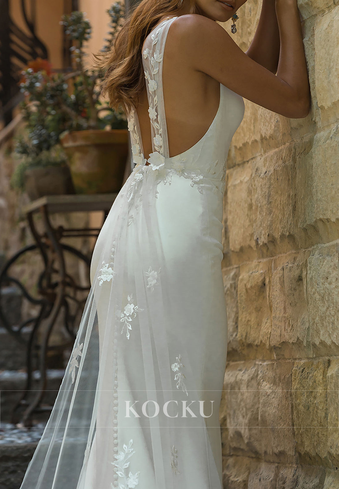 Plunge Neckline Mermaid Wedding Dress with Open Back & Detachable Embroidered Tulle Train