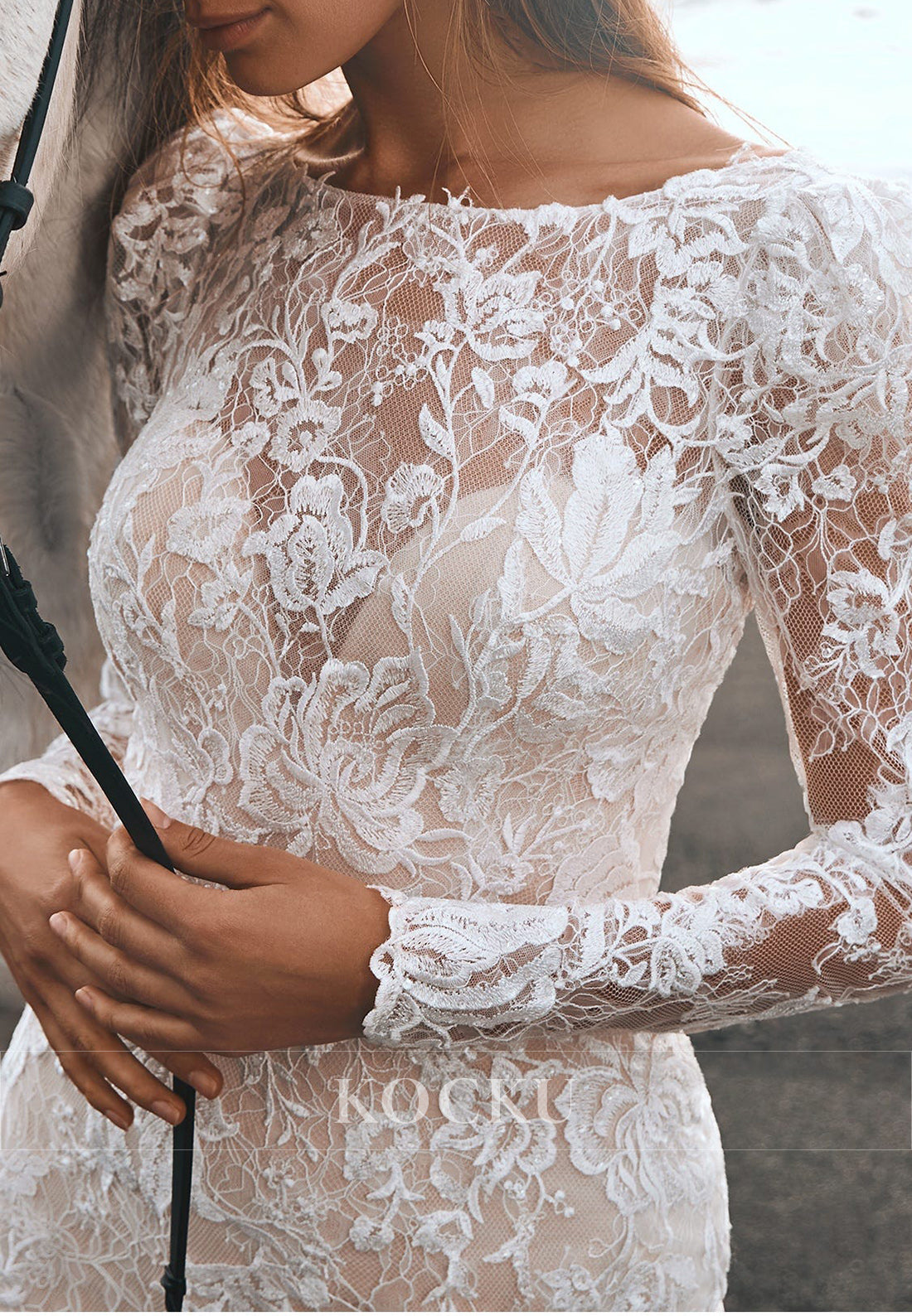 Lace Long Sleeve Mermaid Wedding Dress with Open Back & Train for Beach