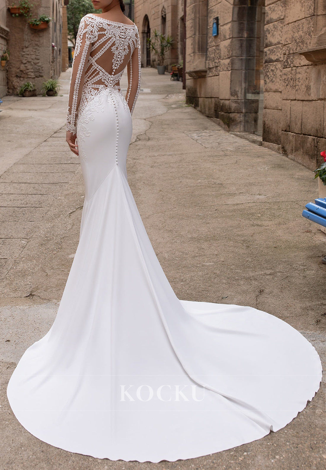 Lace Illusion Long Sleeve Mermaid Wedding Dress with Sheer Back & Train