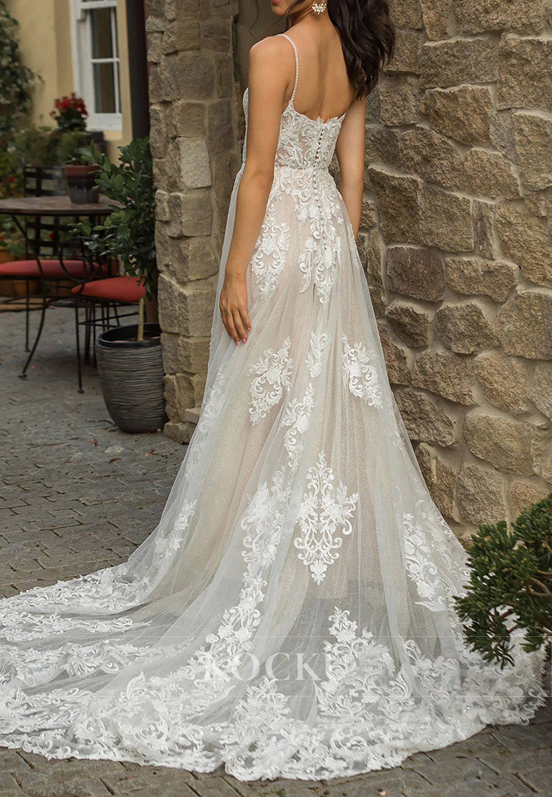 Romantic Spaghetti Strap Sheer Tulle Wedding Dress with Lace Embroidery & Train