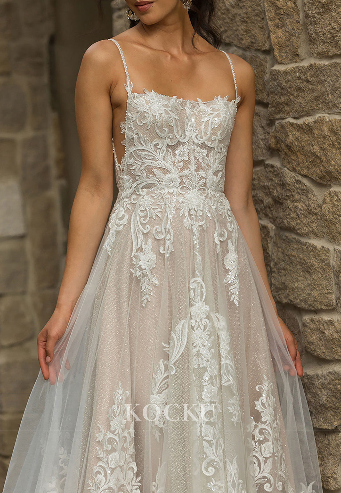 Romantic Spaghetti Strap Sheer Tulle Wedding Dress with Lace Embroidery & Train