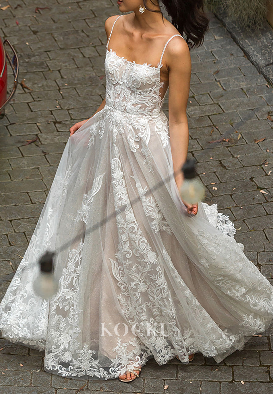 Romantic Spaghetti Strap Sheer Tulle Wedding Dress with Lace Embroidery & Train
