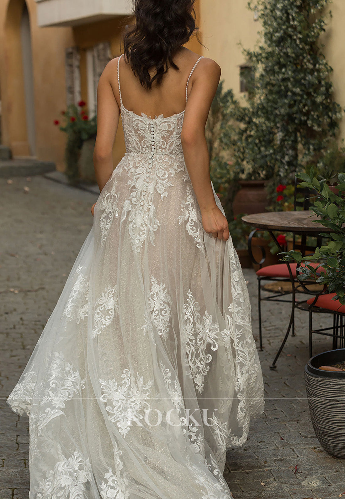 Romantic Spaghetti Strap Sheer Tulle Wedding Dress with Lace Embroidery & Train
