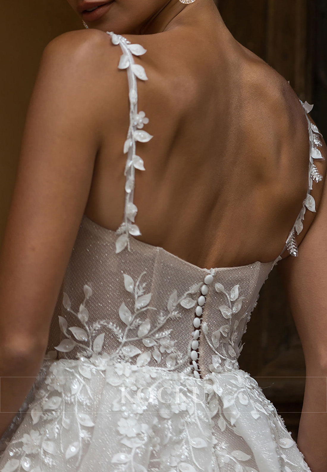 Ethereal Spaghetti Strap Sparkle Tulle Wedding Dress with Floral Appliqués & High Slit Train