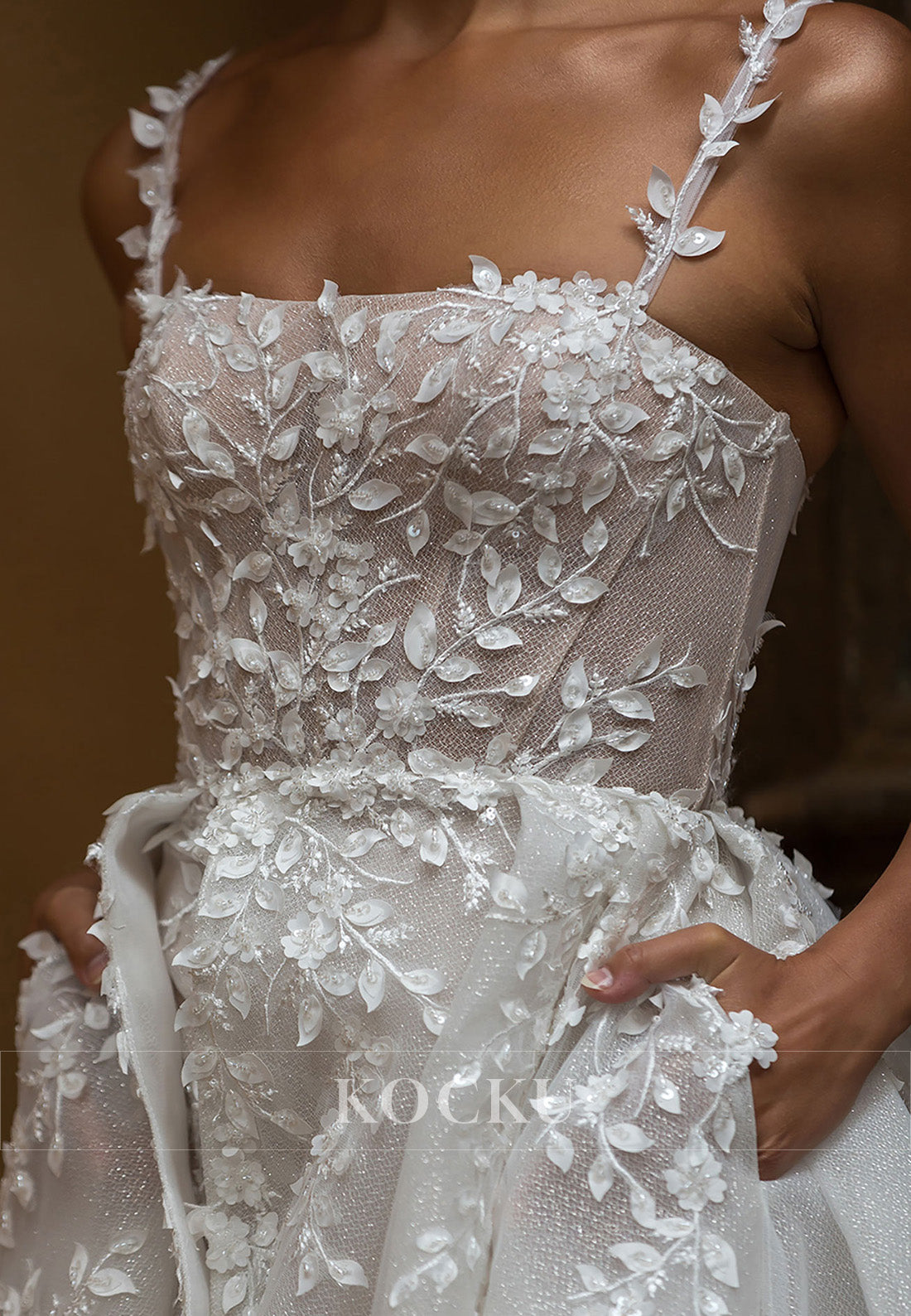 Ethereal Spaghetti Strap Sparkle Tulle Wedding Dress with Floral Appliqués & High Slit Train