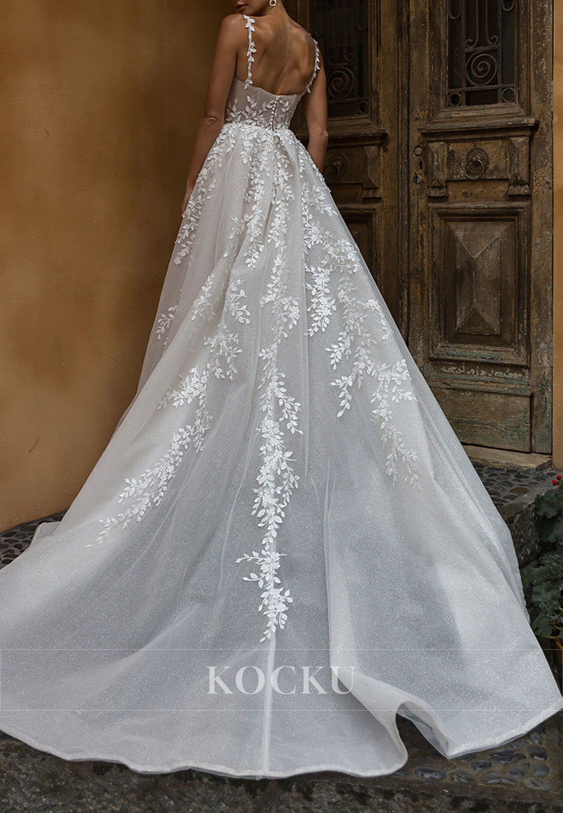 Ethereal Spaghetti Strap Sparkle Tulle Wedding Dress with Floral Appliqués & High Slit Train
