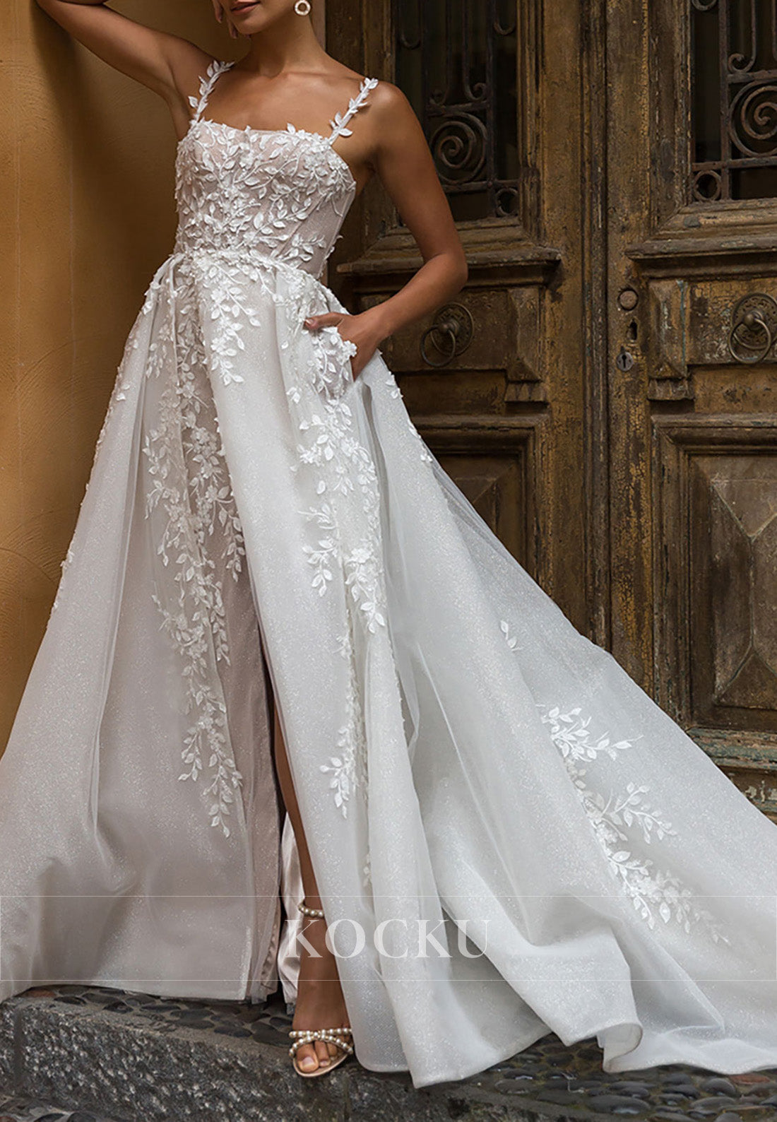 Ethereal Spaghetti Strap Sparkle Tulle Wedding Dress with Floral Appliqués & High Slit Train