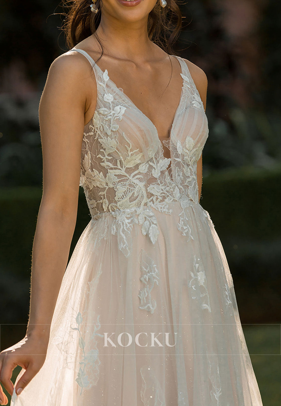 Spaghetti Strap Ivory Tulle Wedding Dress with Floral Appliqués & Open Back Train