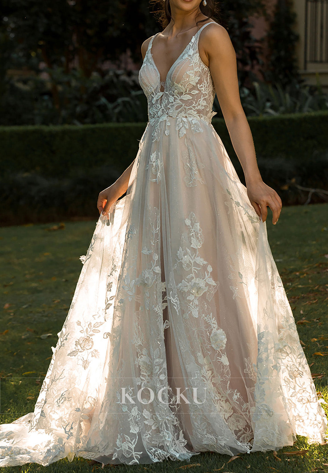 Spaghetti Strap Ivory Tulle Wedding Dress with Floral Appliqués & Open Back Train