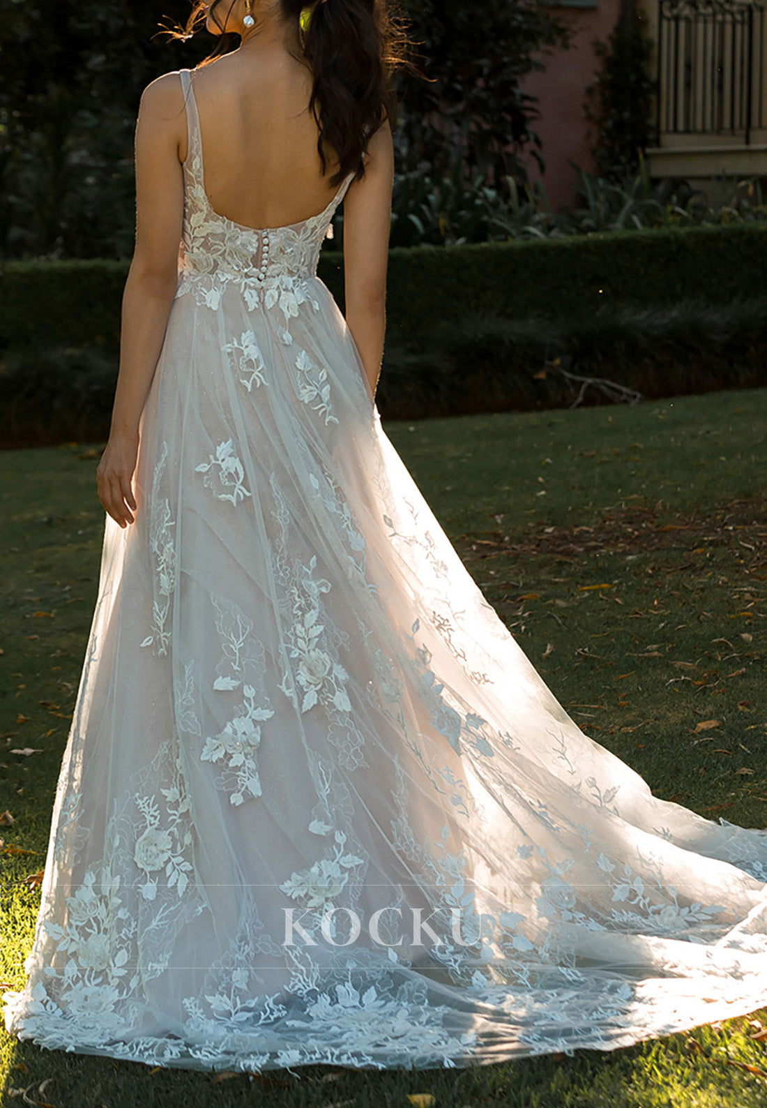 Spaghetti Strap Ivory Tulle Wedding Dress with Floral Appliqués & Open Back Train