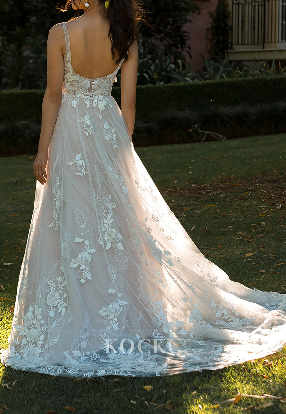 Spaghetti Strap Ivory Tulle Wedding Dress with Floral Appliqués & Open Back Train