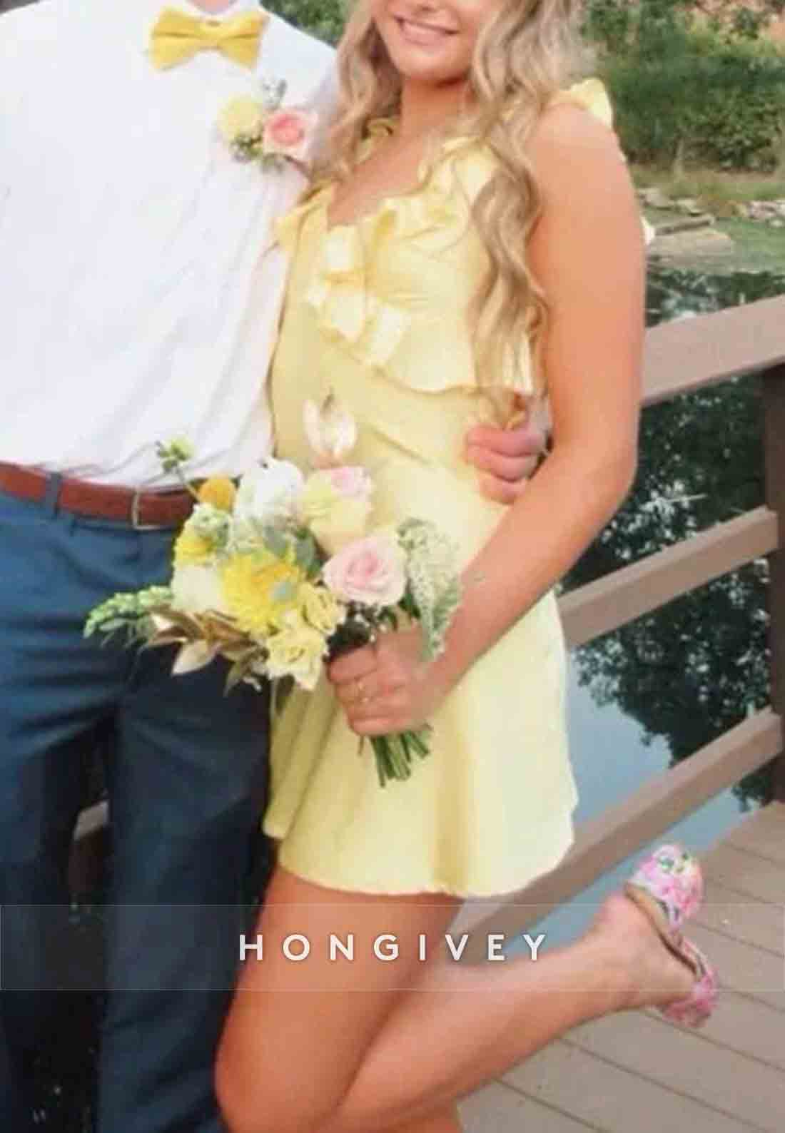 Pretty Sheath V Neck Low Back Yellow Short Homecoming Dress with Ruffles
