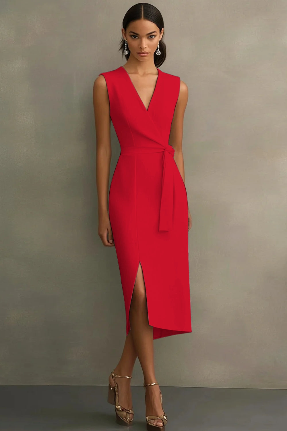 White Satin V-Neck Formal Dress with Belt
