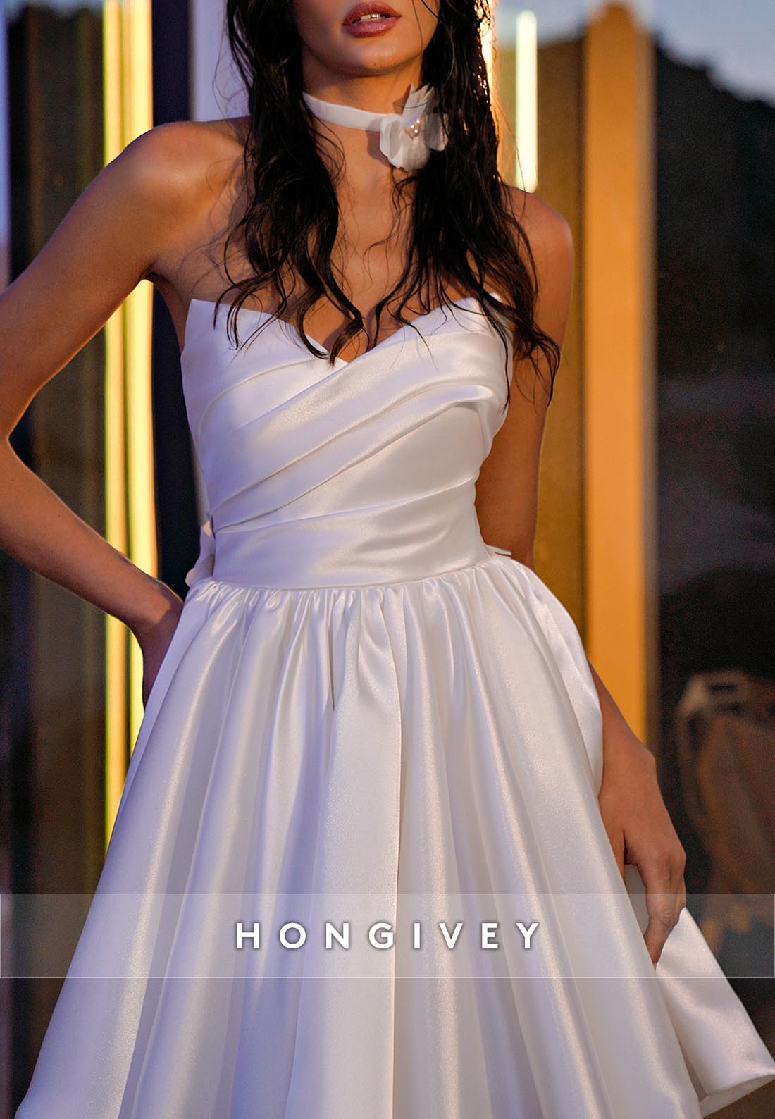 Satin Wedding Dresses Sweetheart Ladder Back Flowers Short Civil Wedding Dress