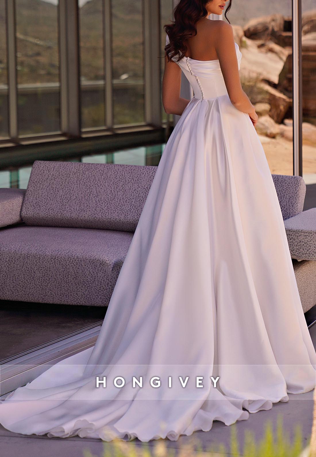 One Shoulder High Slit Simple Chapel Train Satin Pleated Wedding Dresses