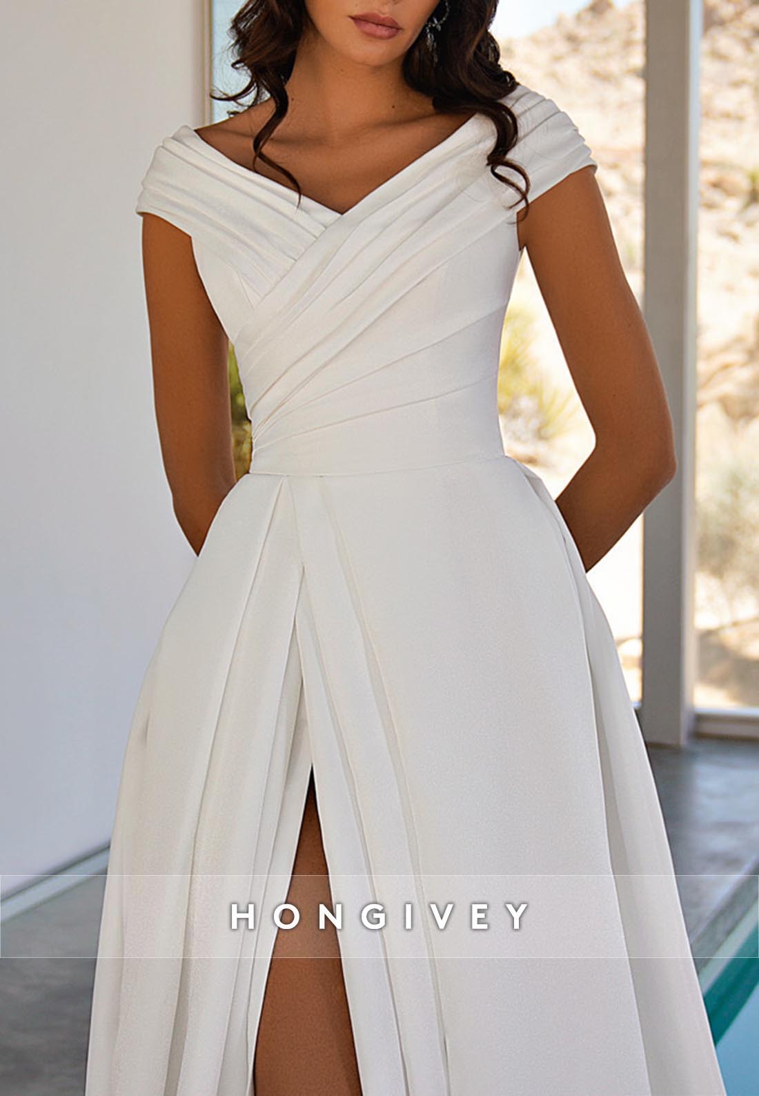 Cap Sleeves Chiffon High Slit V Neck Chapel Train Pleated Wedding Dresses