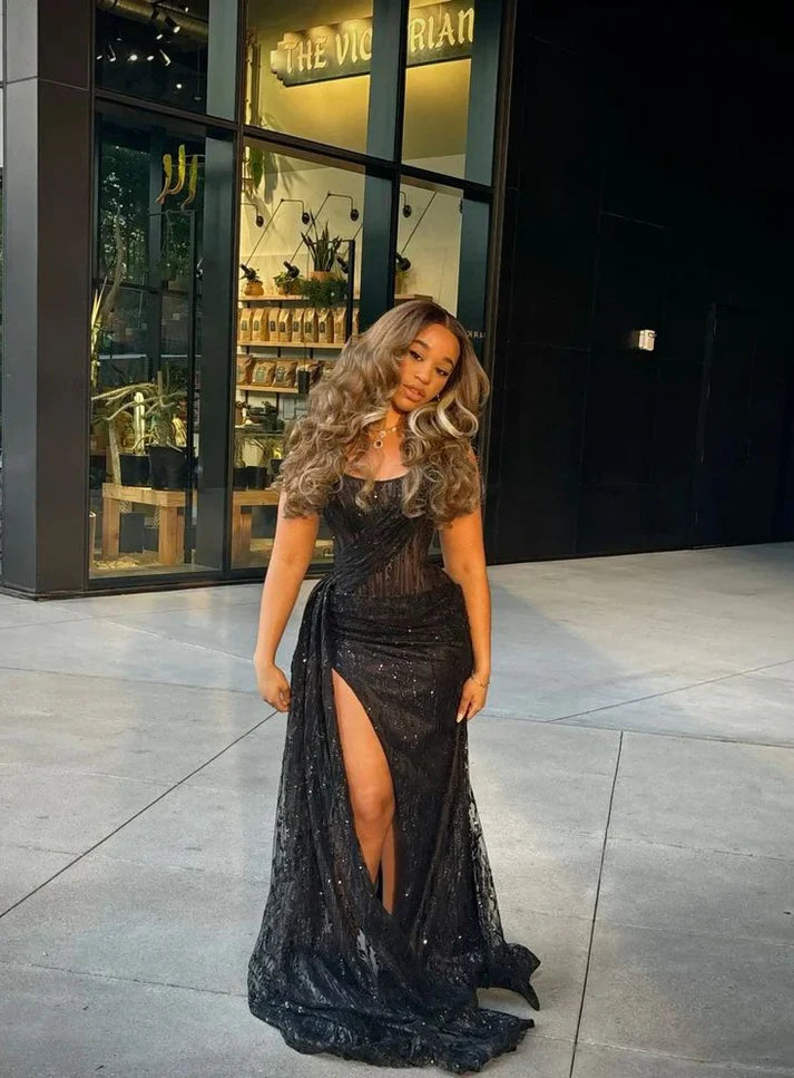 Black long prom dress with Slit ,strapless evening dress fg6766