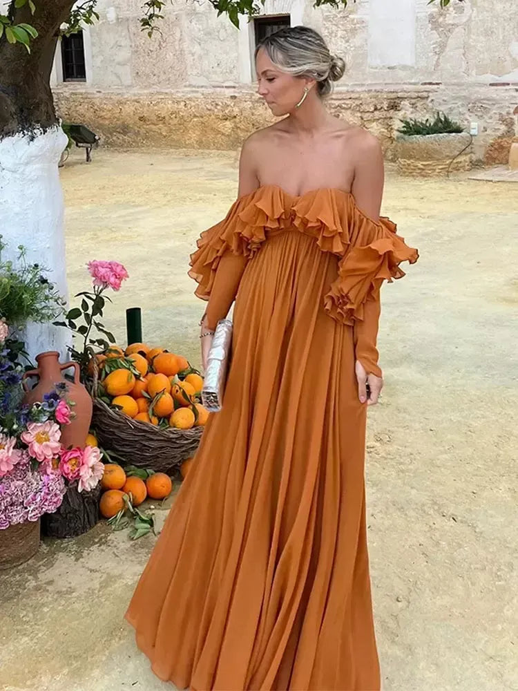 Classic Chiffon Evening Dresses Ruffles A Line Long Prom Gowns fg7465
