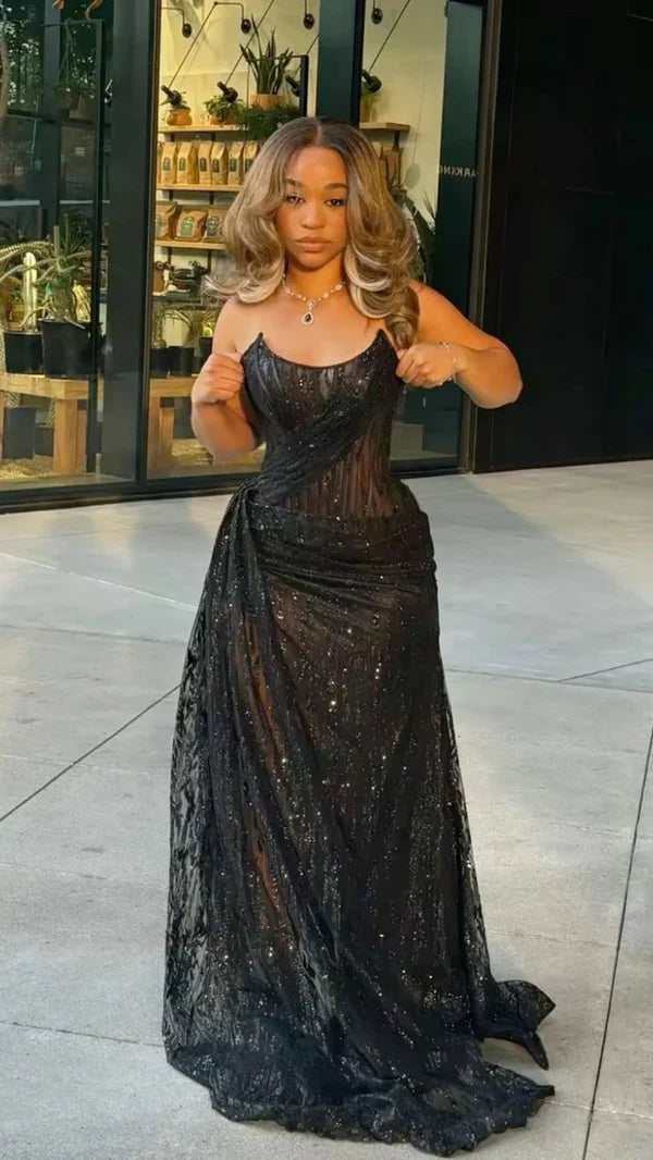 Black long prom dress with Slit ,strapless evening dress fg6766