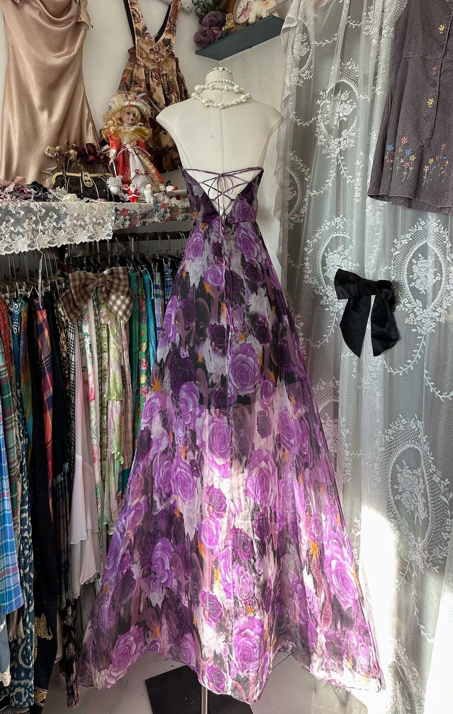 Vintage A line Sleeveless Long Floral Chiffon Evening Dress Prom Dresses SD1904