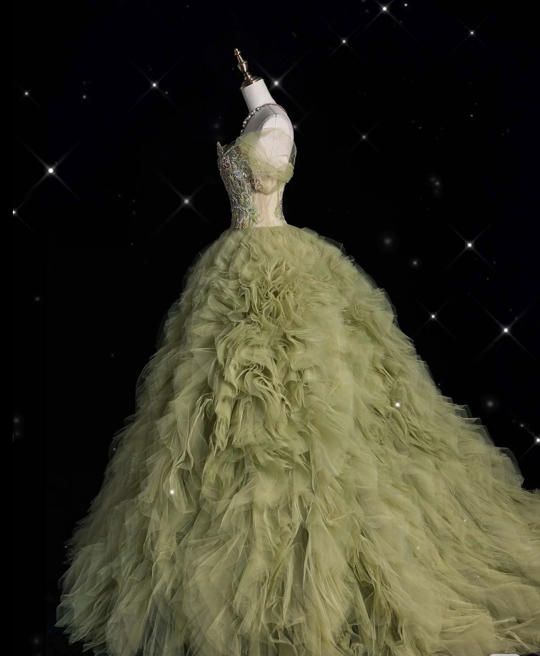 Aesthetic Ball Gown Sweetheart Sage Green Tulle Party Dress Long Prom Dress Evening Dresses SD1925