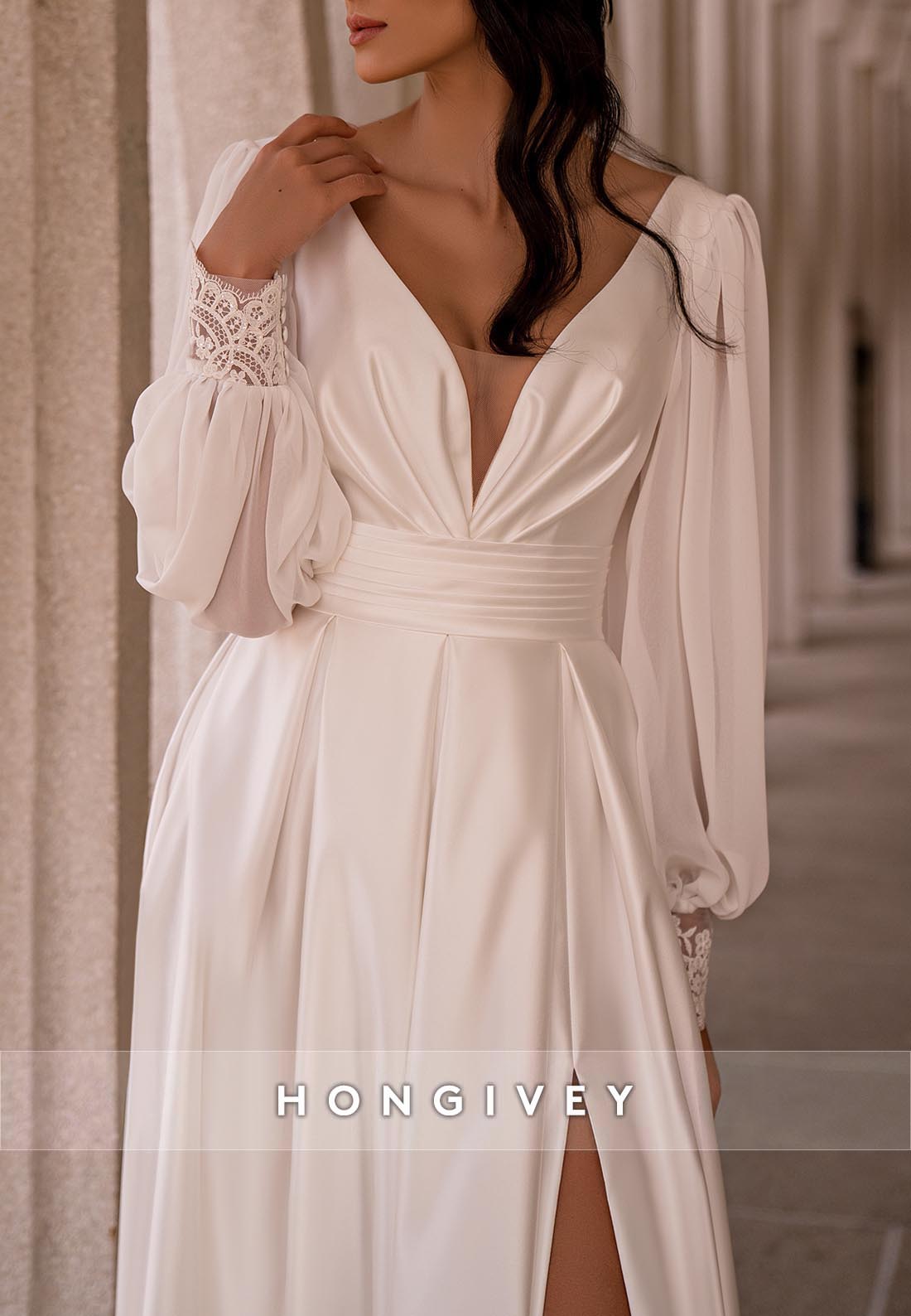 High Slit A-line Chapel Train V Neck Long Pleated Sleeve Lace Boho Wedding Dress