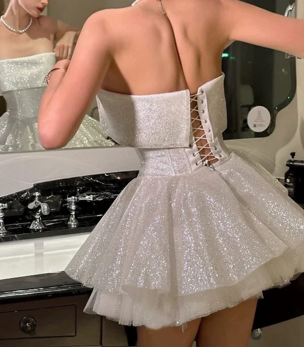 Glitter Strapless White Sequin Tulle Homecoming Dress A Line Short Cocktail Dress S411