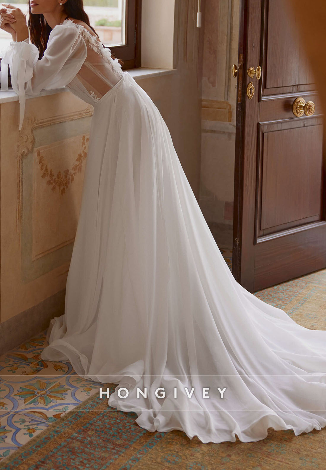 Straps Long Sleeve V Neck V Back Flowers Appliqued Chapel Train Wedding Dresses