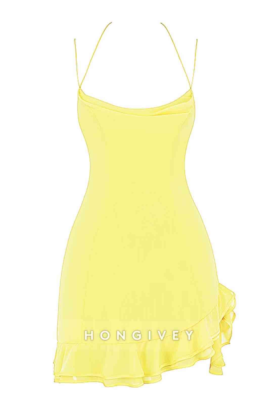 Stunning Sheath Spaghetti Straps Yellow Short Homecoming Dress with Ruffle