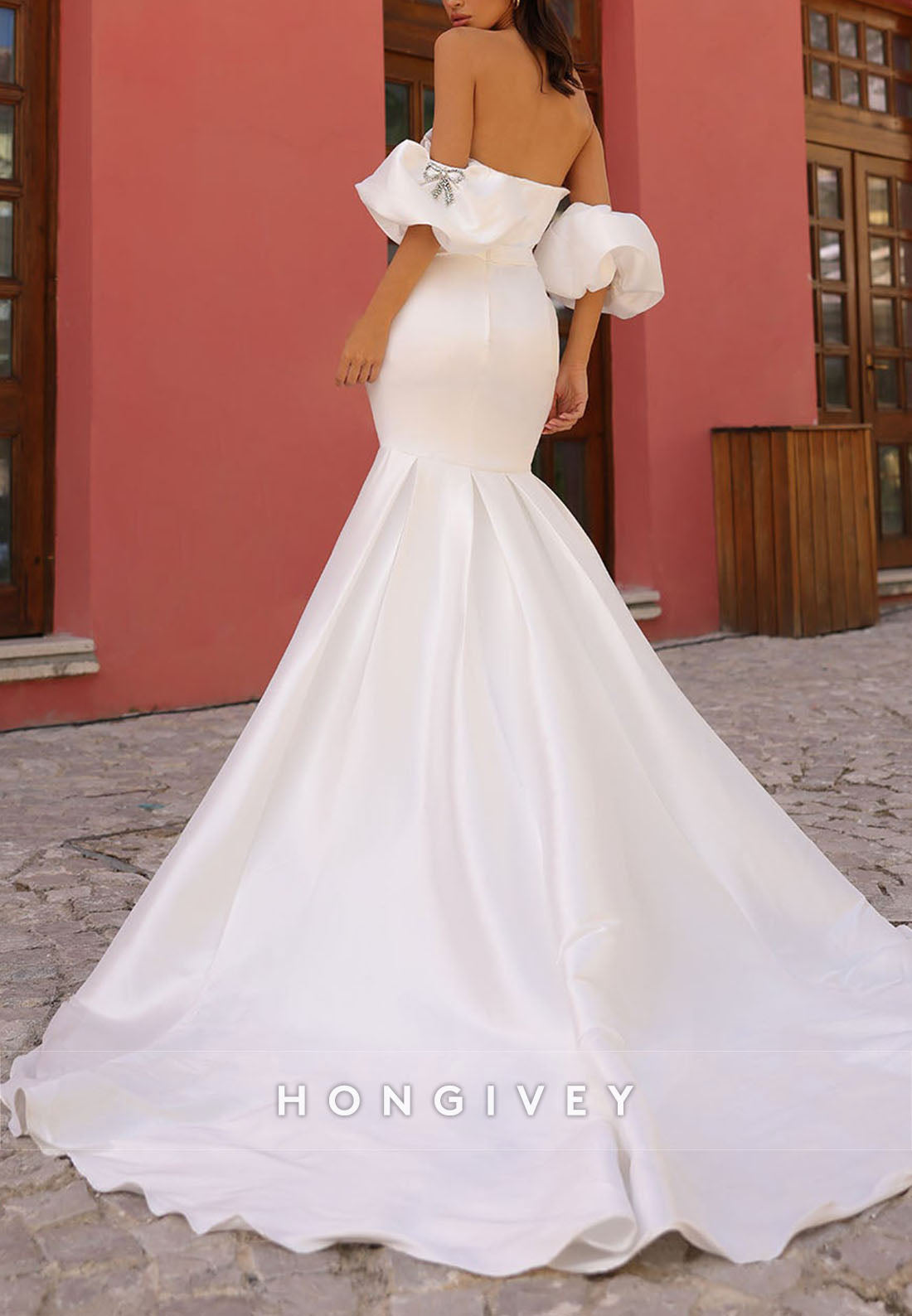 Bowknot Off the Shoulder Pleated Court Train Mermaid Wedding Dresses