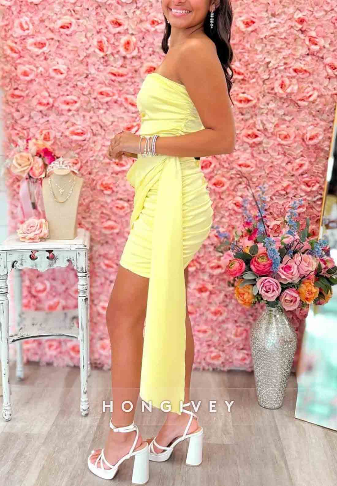 Stylish Sheath Strapless Yellow Side Draping Short Homecoming Dress with Ruffles