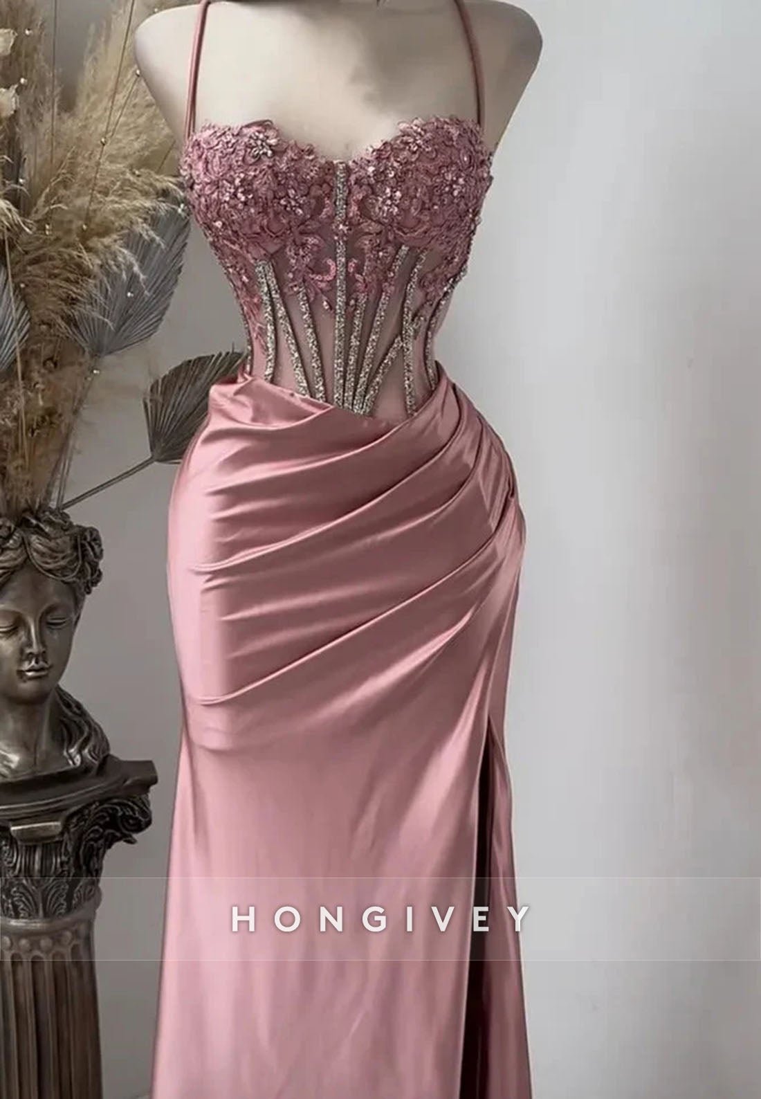 High Slit Spaghetti Straps Lace Appliques Sweetheart Pleated Long Prom Dress