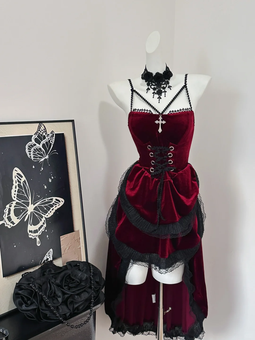 Pretty Red Velvet Lace Layered Birthday Dress Spaghetti Straps Short Graduation Homecoming Dress S634