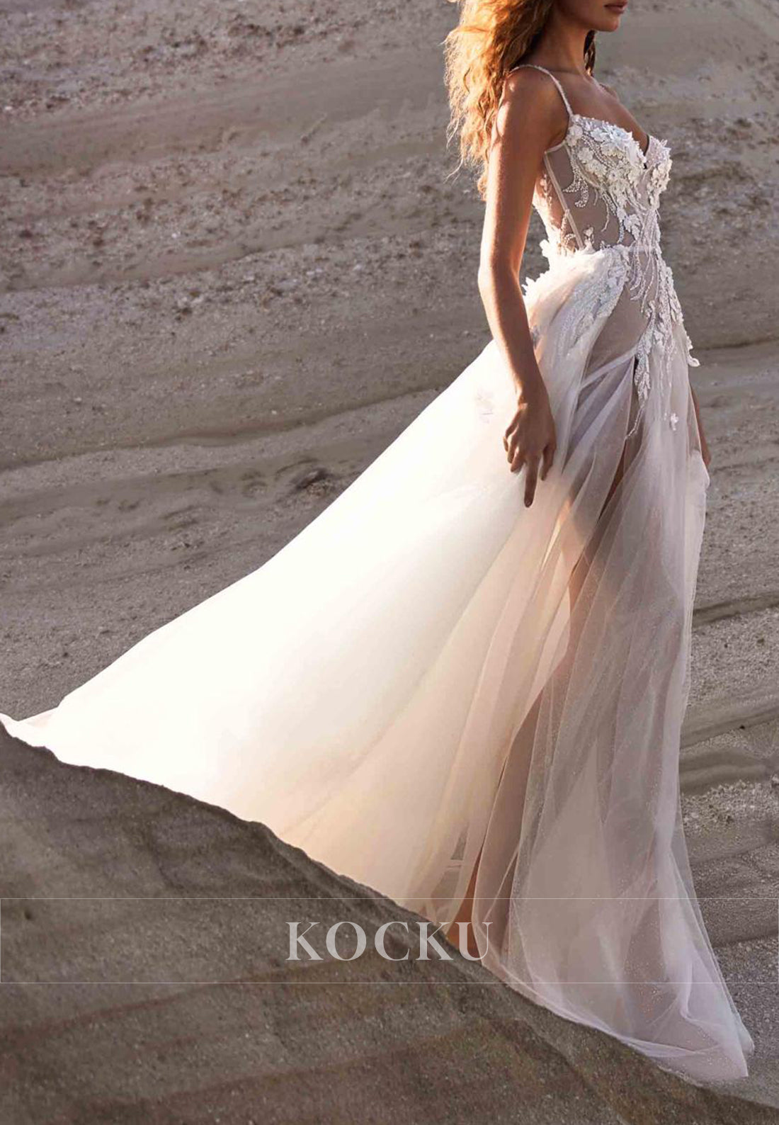 Spaghetti Strap Deep V - Neck Wedding Dress with 3D Floral Appliqués & High Slit Train