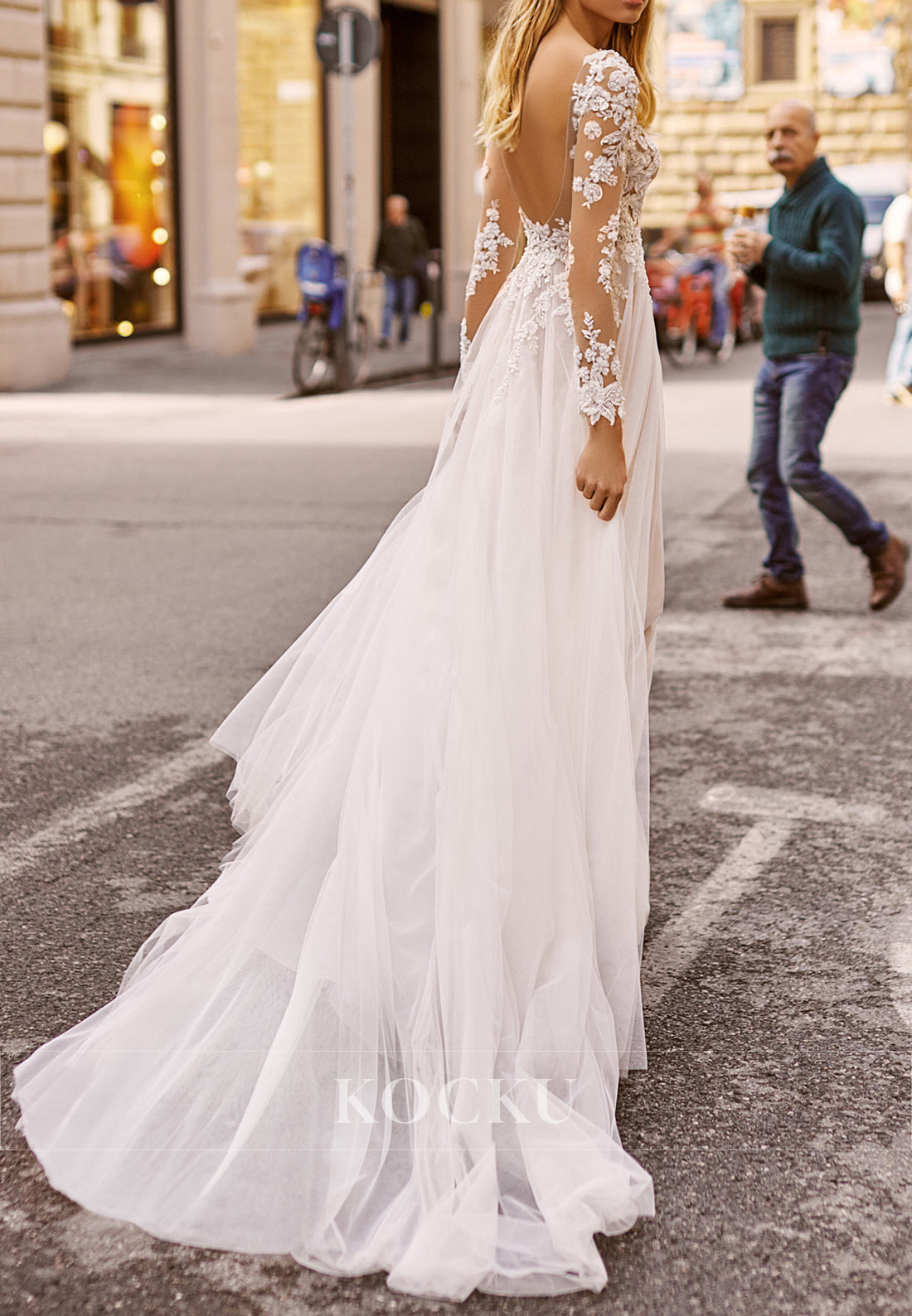 Sheer Long - Sleeve Open Back Lace Wedding Dress with Plunge Neckline & High Slit Train