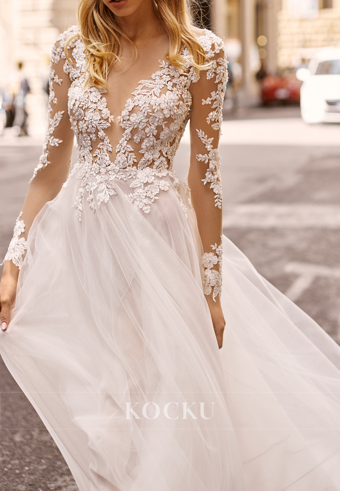 Sheer Long - Sleeve Open Back Lace Wedding Dress with Plunge Neckline & High Slit Train
