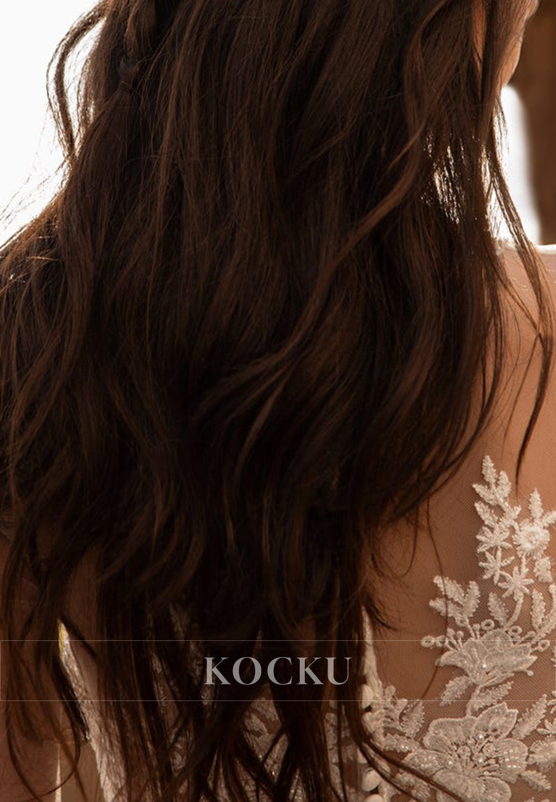 Dreamy Sheer Bell - Sleeve Lace Wedding Dress with Plunge Neckline & High Slit Train