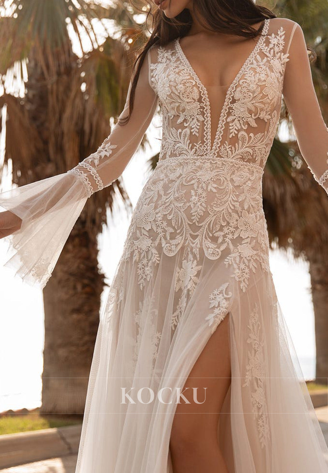 Dreamy Sheer Bell - Sleeve Lace Wedding Dress with Plunge Neckline & High Slit Train