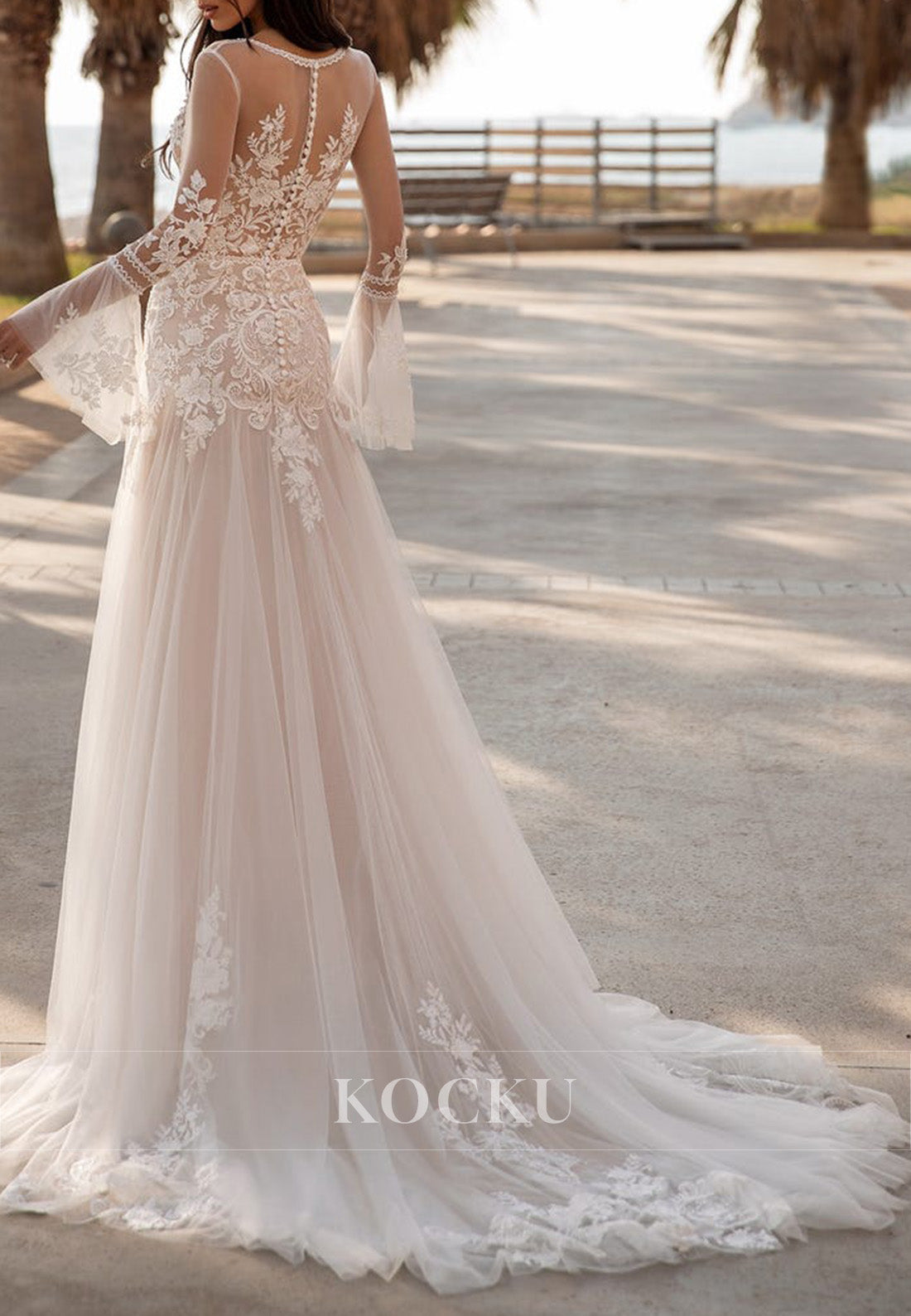 Dreamy Sheer Bell - Sleeve Lace Wedding Dress with Plunge Neckline & High Slit Train