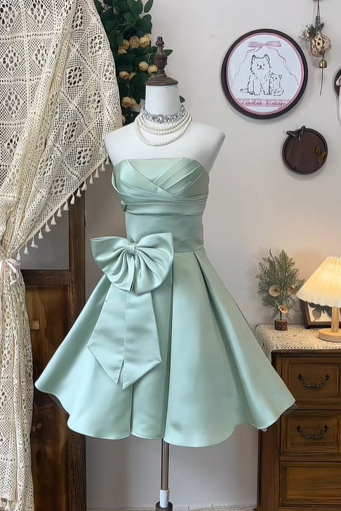 Classy Strapless Satin Bow Homecoming Dress Light Green Mini Birthday Dress S328