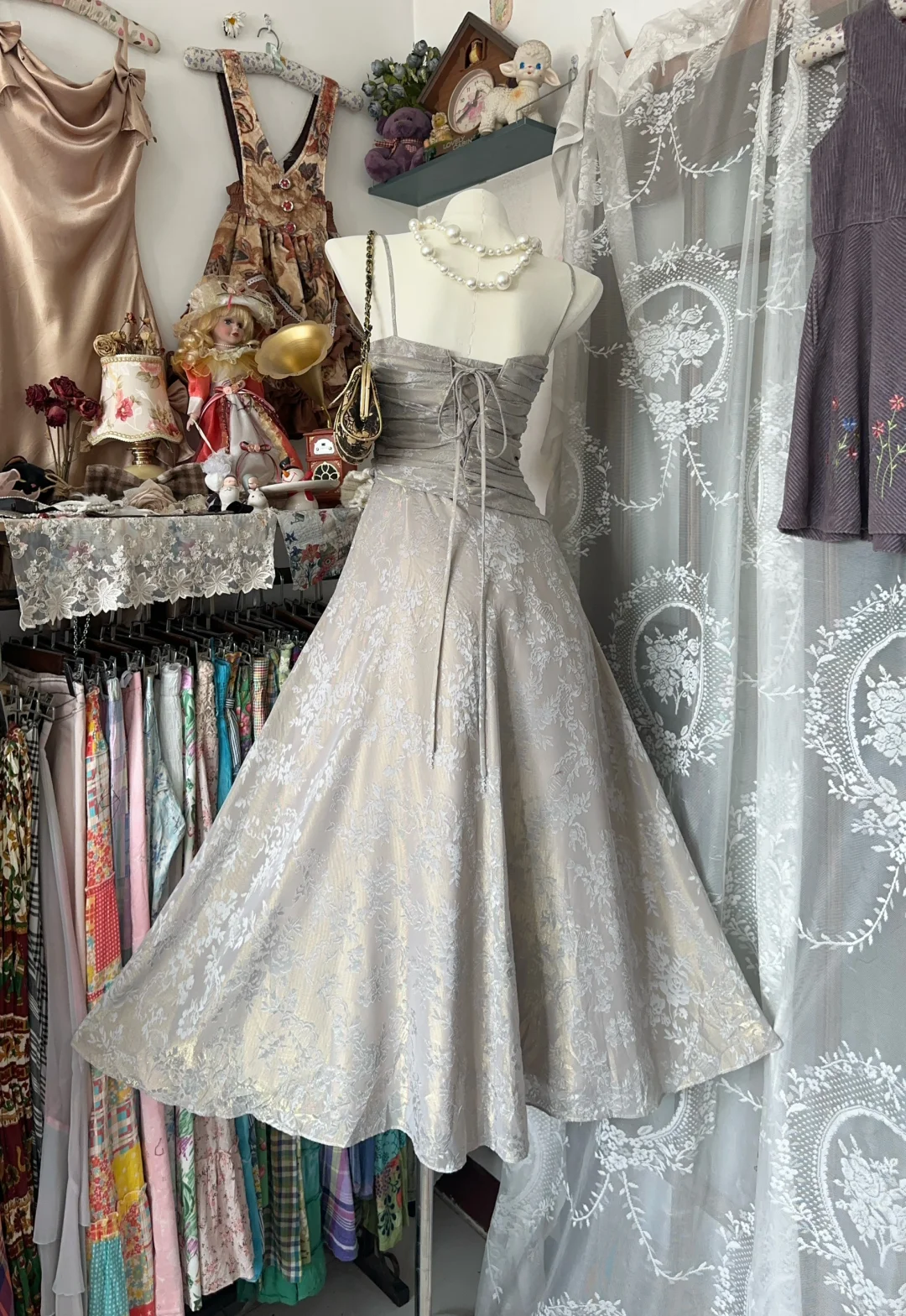 Vintage Spaghetti Straps Satin Print Floral Party Dress Birthday Dress S507