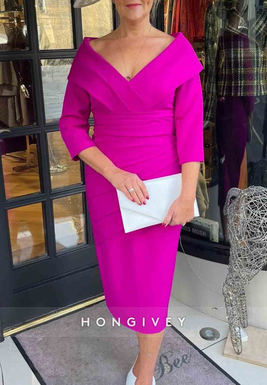 3/4 Sleeve V-Neck Sheath Tea-Length Cocktail Dresses Pleated Mother of the Bride Dress