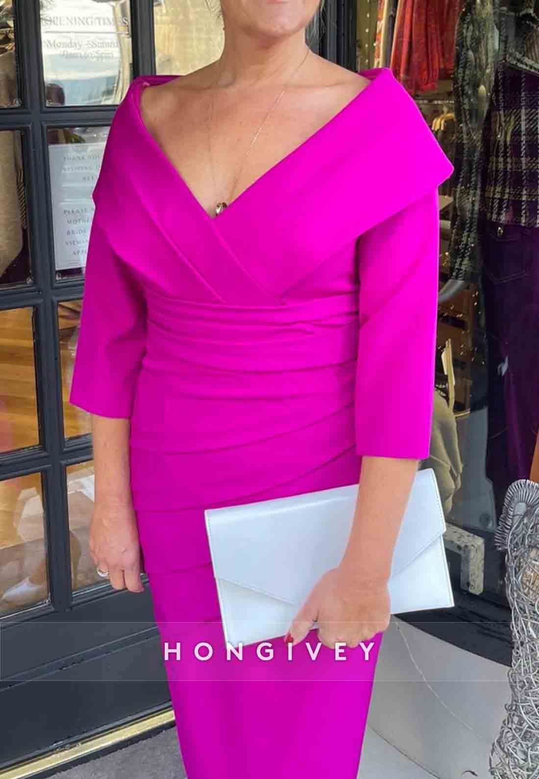 3/4 Sleeve V-Neck Sheath Tea-Length Cocktail Dresses Pleated Mother of the Bride Dress