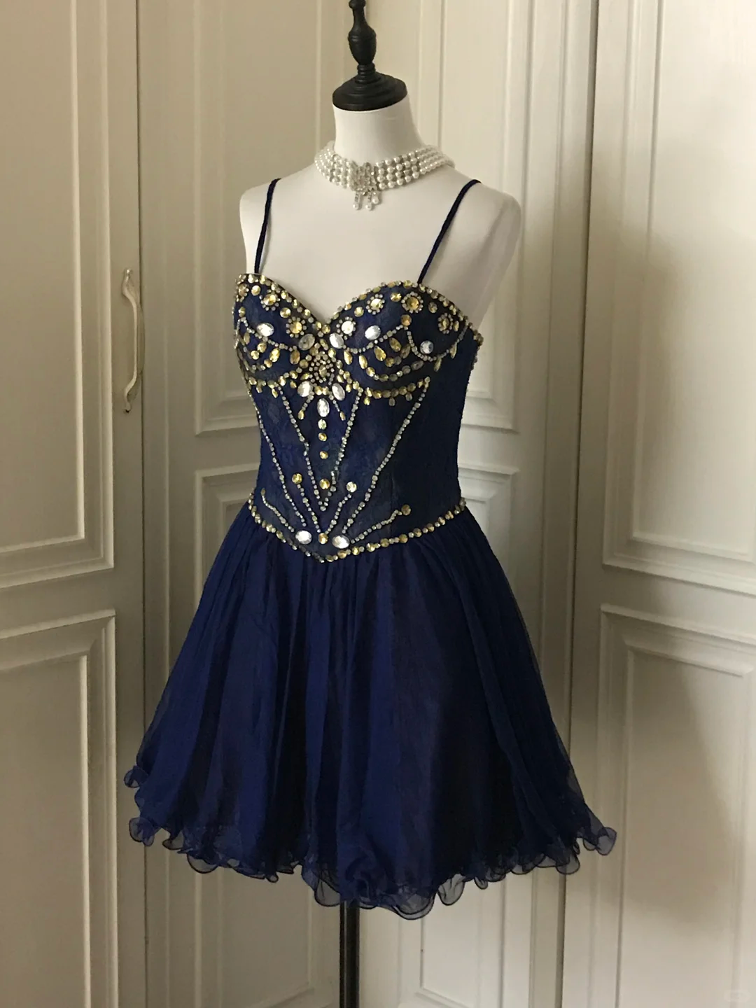 Vintage Navy Blue Lace Beaded A Line Homecoming Dress Birthday Dress S545