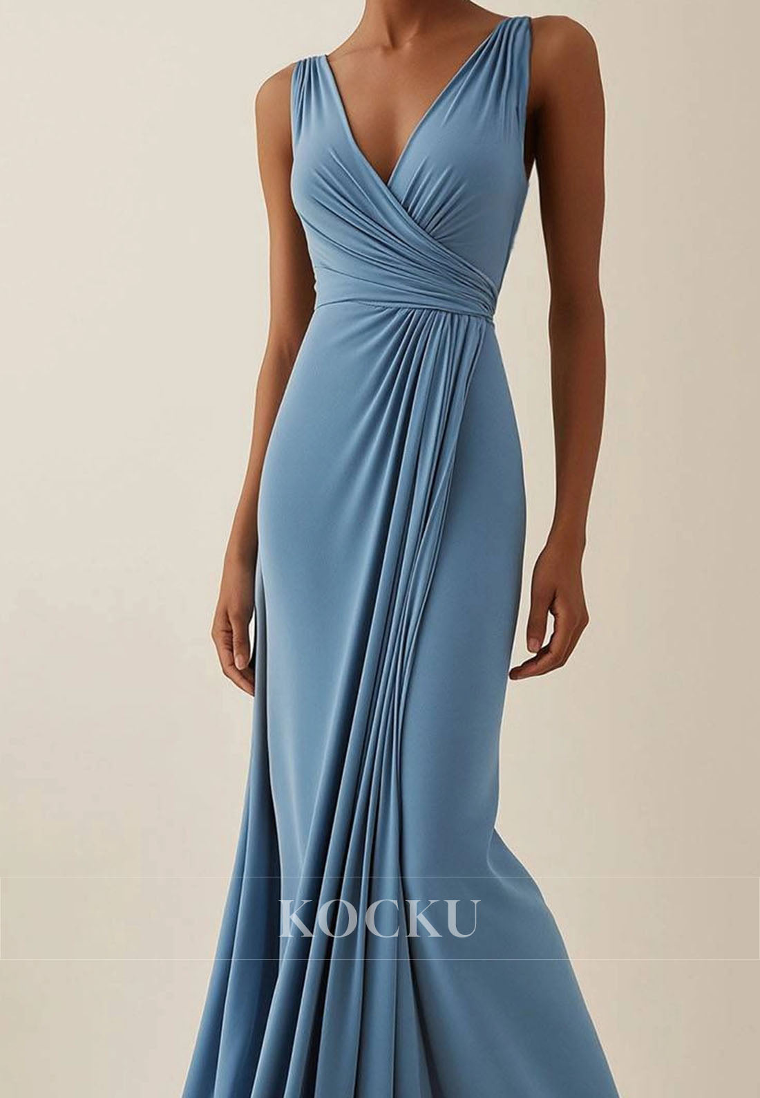 Daily V-Neck Straps Sheath Satin Work Dress Pleated Long Formal Wedding Guest Dress